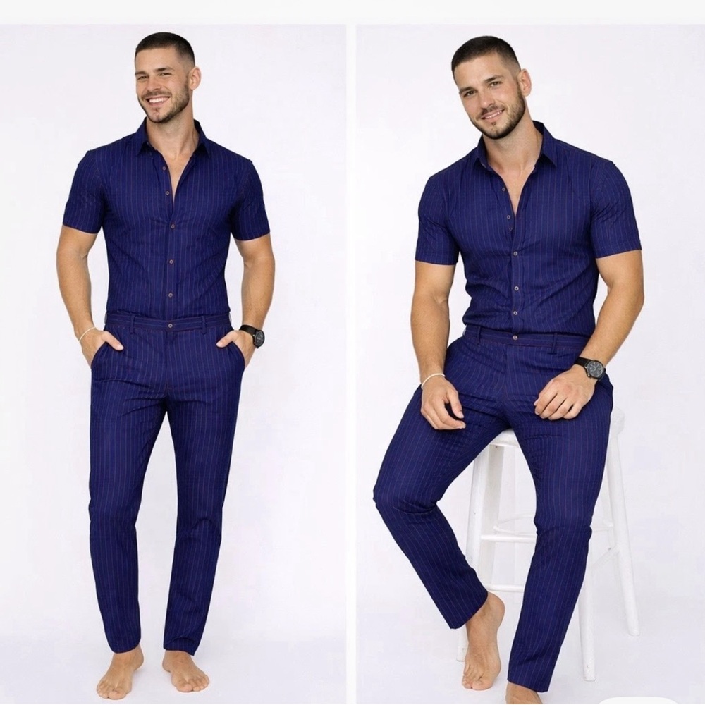Men's Romper Jack Navy Blue Chateaux Jumpsuit Pinstripe Short Sleeve. Small